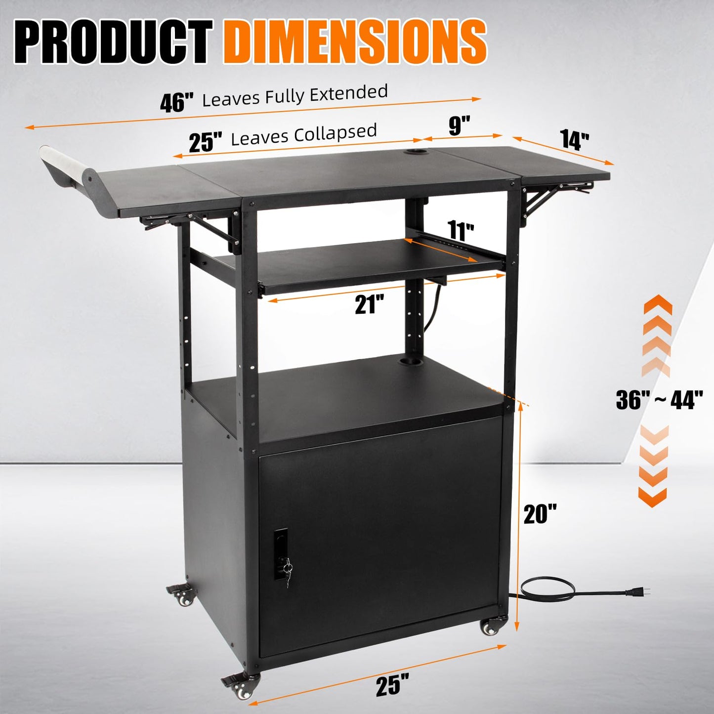 Large Mobile AV Cart with Locking Cabinet and Drop Leaves, Height Adjustable Steel AV Cart with Wheels and Power, Rolling Computer Cart with Pullout Keyboard Tray for Office, Warehouse&Classroom