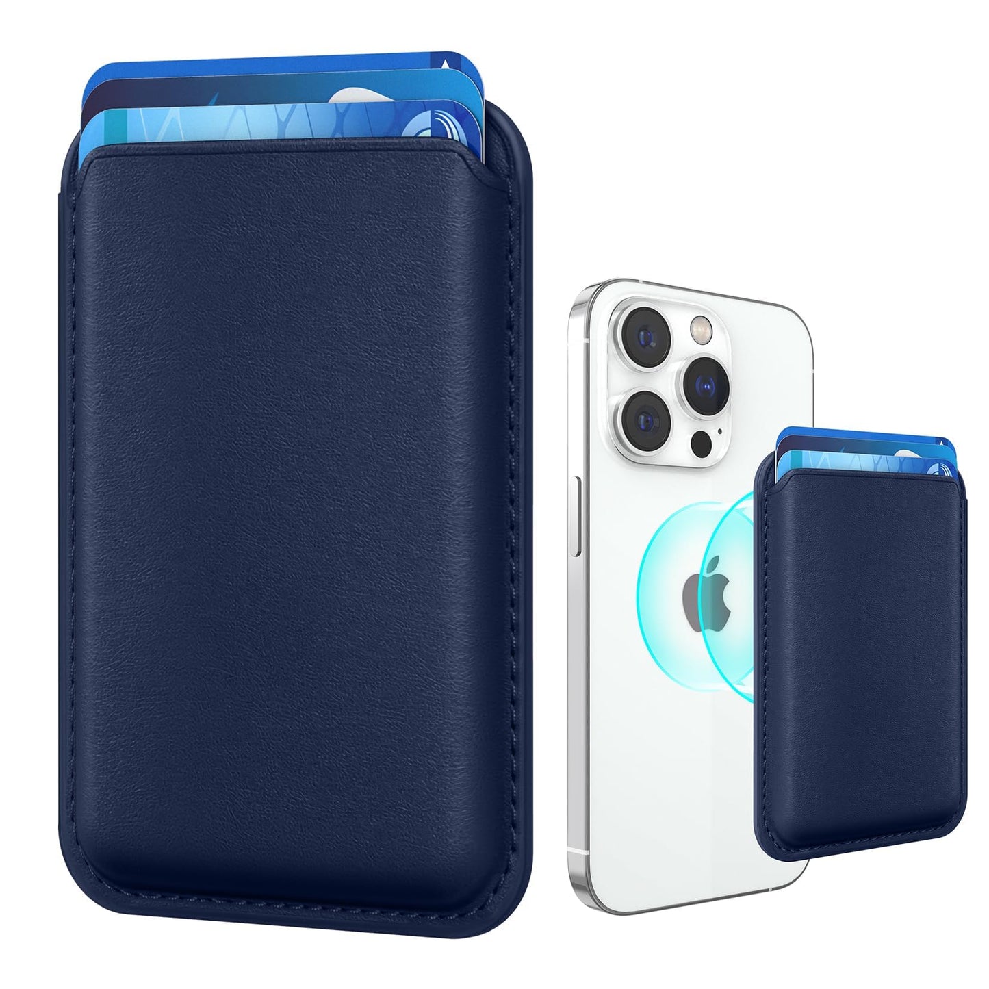 Amzone Magnetic Wallet Cell Phone Card Sleeves for Phone Case with Mag-Safe, Stronger Magnetic RFID Leather Phone Wallet Stick on Series of iPhone 15/14/13/12, Indigo Blue