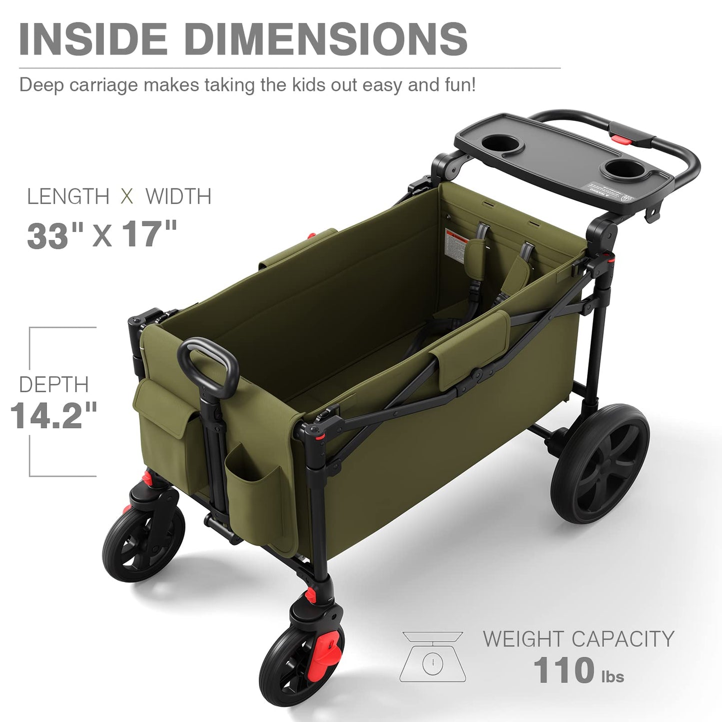 EVER ADVANCED Foldable Wagons for Two Kids & Cargo, Collapsible Folding Wagon Stroller with Adjustable Handle Bar,Removable Canopy with 5-Point Harness,Green