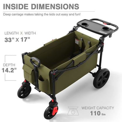 EVER ADVANCED Foldable Wagons for Two Kids & Cargo, Collapsible Folding Wagon Stroller with Adjustable Handle Bar,Removable Canopy with 5-Point Harness,Green