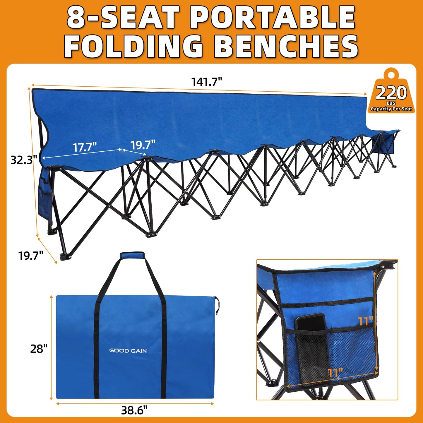 G GOOD GAIN Portable Soccer Bench - Team Bench Soccer 8 Seats with Bag, Sideline Folding Bench, Folded Chair Seating 8 for Football Camp Outdoor Sport Events, Team Chairs for Adults, Blue