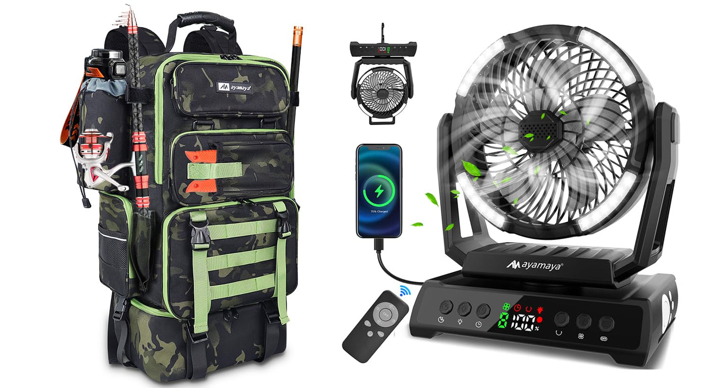 ayamaya Rechargeable Fan + Cooler Fishing Backpack, 20000mAh Fan with Remote, 9 Speeds, 45L Tackle Backpack with Insulated Lunch Bag for Fishing Camping
