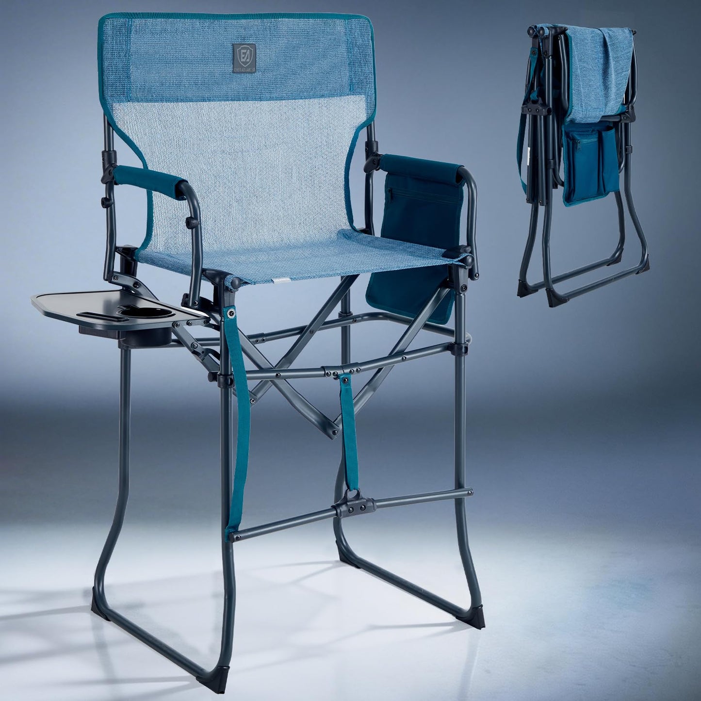 EVER ADVANCED Portable 30.7" Seat Height Tall Folding Camping Chair Directors Chair High Foldable Bar Stool with Side Table for Makeup Artist, Sports Event, Craft Show, Stretch Mesh, Supports 350LBS