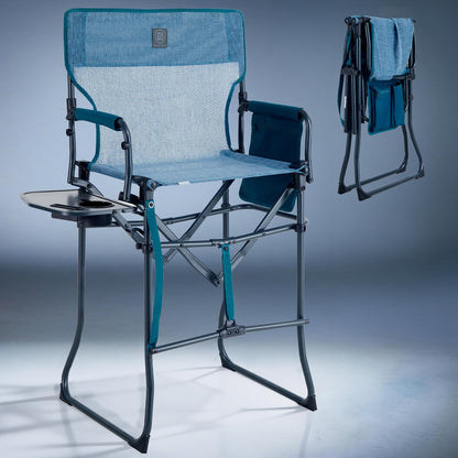 EVER ADVANCED Portable 30.7" Seat Height Tall Folding Camping Chair Directors Chair High Foldable Bar Stool with Side Table for Makeup Artist, Sports Event, Craft Show, Stretch Mesh, Supports 350LBS