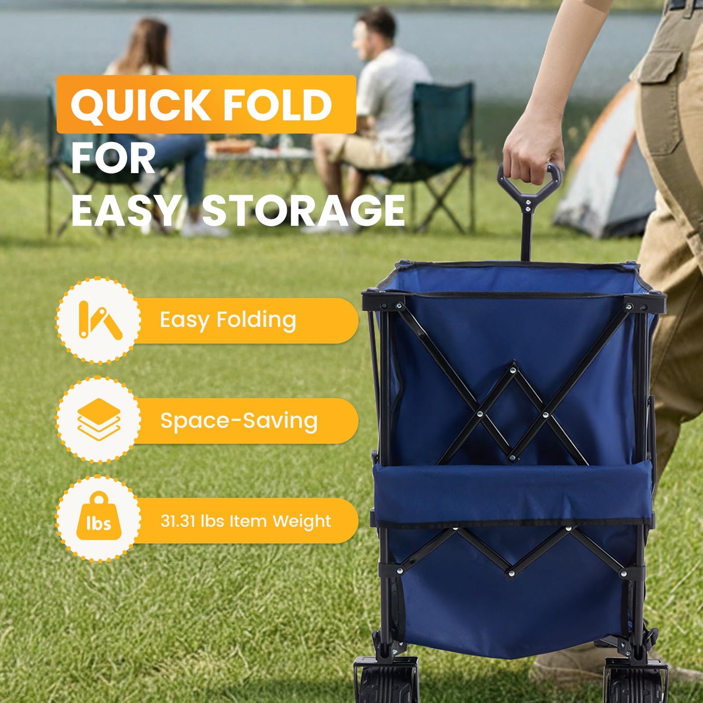 NEWBULIG Large Capacity Folding Double Decker Wagon with Brakes, 440lbs Wagons Carts Foldable Wagon Cart with Flexible Handle, All-Terrain Big Wheels for Grocery Sports Garden Camping
