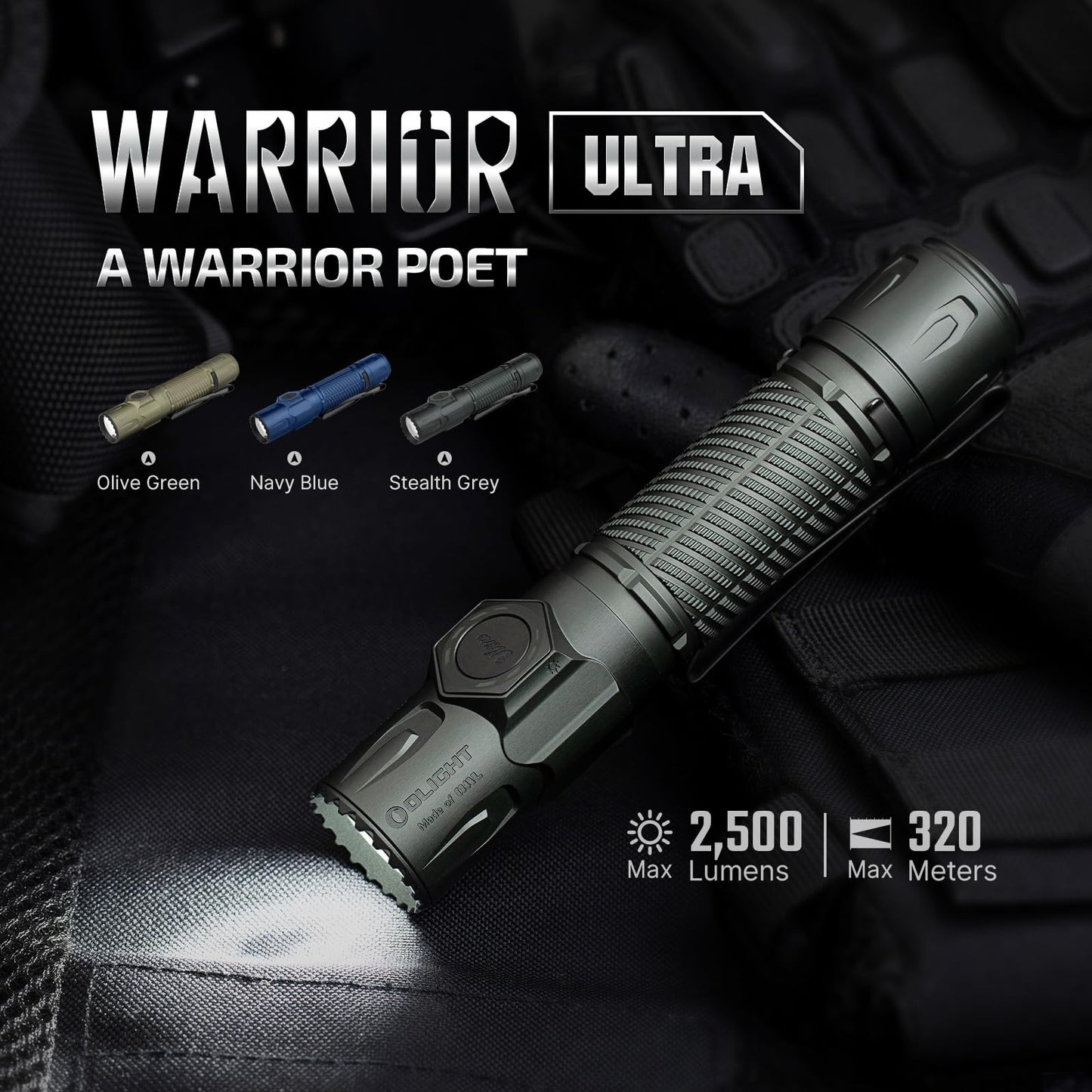 OLIGHT Warrior Ultra 2500 Lumens Tactical Flashlight, Compact Dual Switches Rechargeable Bright Light with Proximity Sensor, Suitable for Emergency, Outdoor, Searching(Navy Blue)
