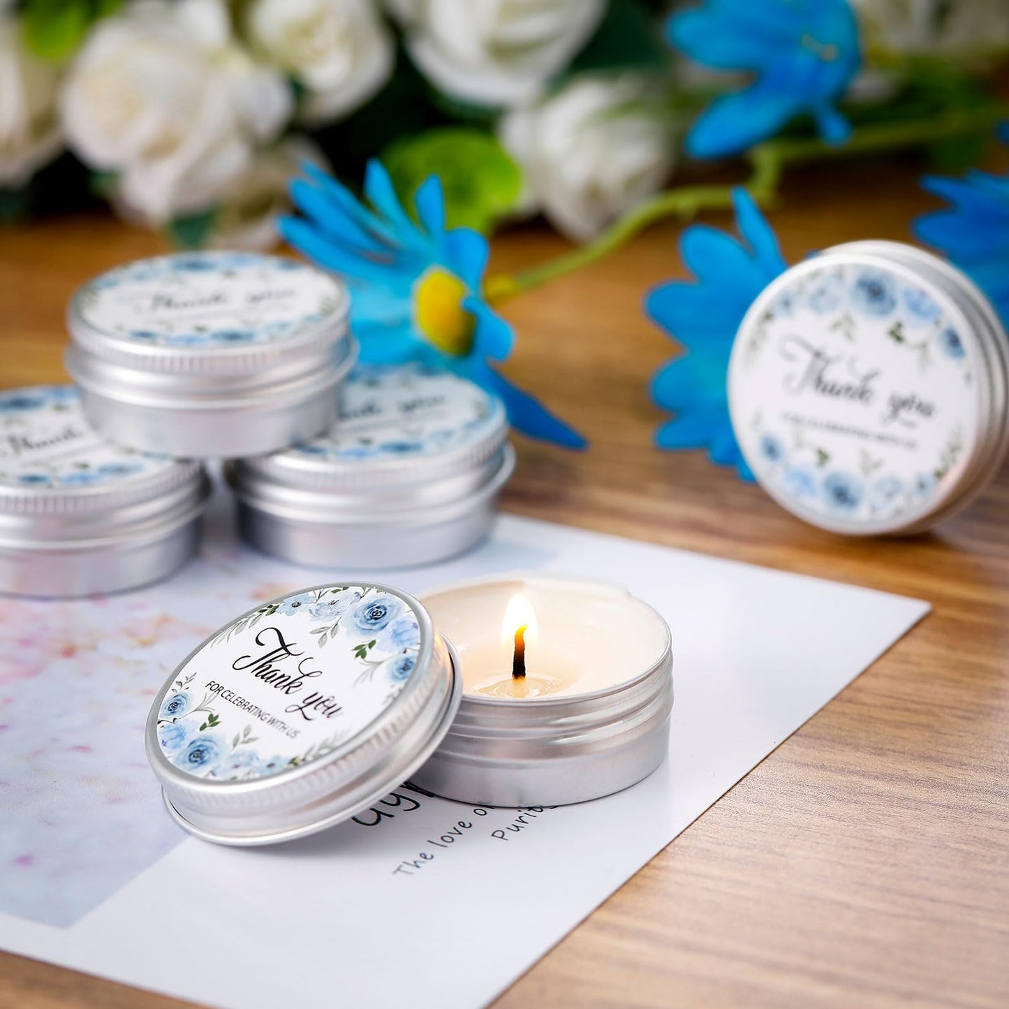 MTLEE 50 Pcs Wedding Candles Gift Favors for Guests 1 Oz Lavender Scented Soy Wax Aromatherapy Candle Favors for Bridal Shower Rustic Wedding Party Guests(Blue Flowers)