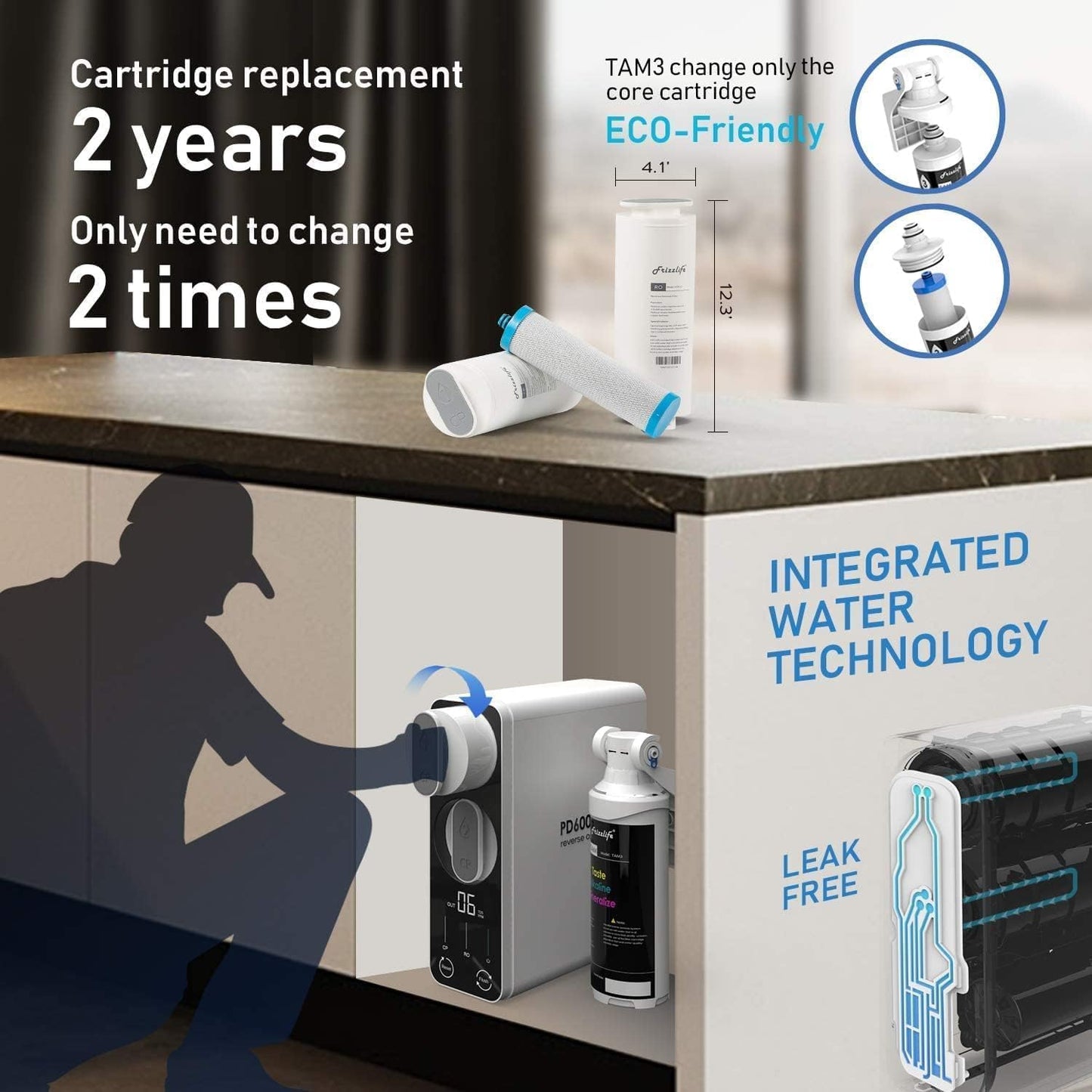 Frizzlife Reverse Osmosis Water Filter - Alkaline Mineral pH+, NSF/ASNI 58&53&42&372 Standard, 600GPD Tankless RO Reverse Osmosis System, Under Sink, 2:1 Pure to Drain, Reduce FPAS/PFOA, PD600-TAM3