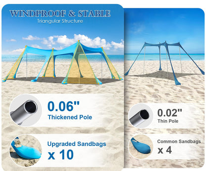 13x10FT Beach Tent Sun Shelter – UPF50+ Outdoor Canopy with 10 Sandbags, Sand Shovel, Ground Pegs & Stability Poles – Portable Shade for Camping, Fishing, Picnics & Beach Trips