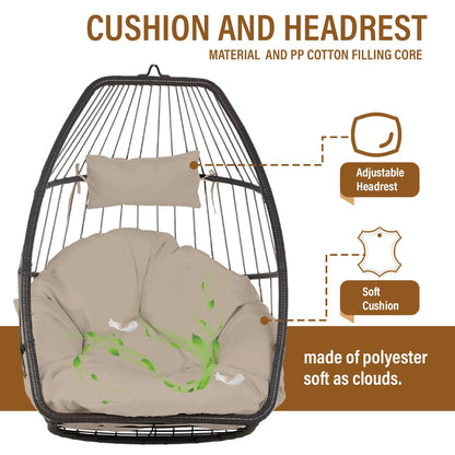 BestOffice Egg Chair Indoor Outdoor with Stand Swing Hanging Rattan Patio Basket Chair with Soft Cloud Polyester Cushion Adjustable Headset for Bedroom Outdoor Garden Swimming Pool Porch, Tan