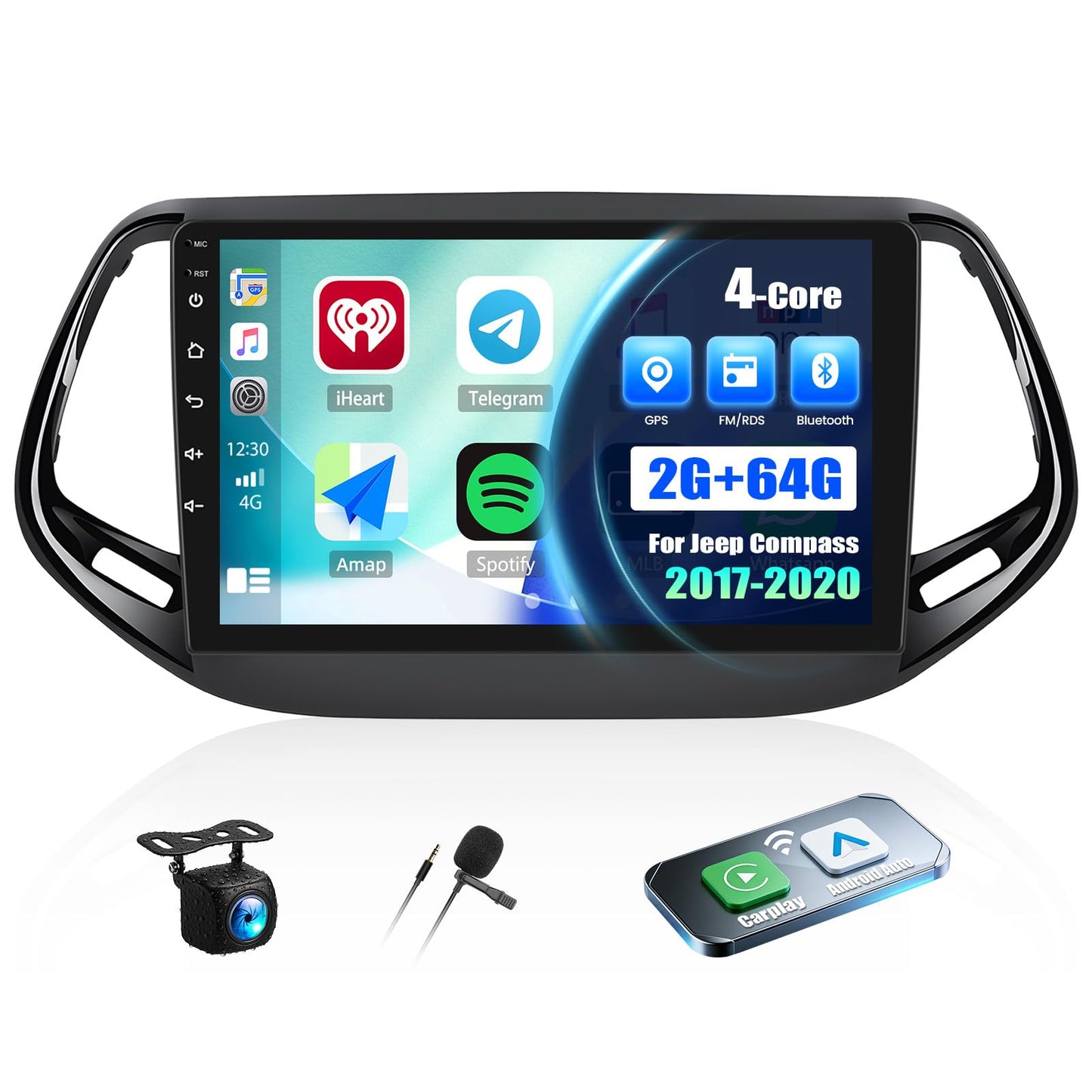 4 Core 2+64G Android 15 Car Stereo for Jeep Compass 2017-2020 with Wireless CarPlay&Android Auto,10.1" Touchscreen GPS Radio with 5G WiFi,Bluetooth,FM RDS,EQ,SWC and Backup Camera