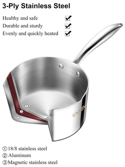 VENTION Tri-Ply Stainless Steel 1 Quart Saucepan with Lid, Bright Small Sauce Pan with Pour Spout, Small Pots for Cooking