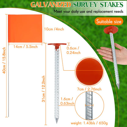 Otoolling 12 Pack 12 Inch Galvanized Property Line Stakes with Marking Flags Writable Heavy Duty Rebar Hi Vis Orange Survey Markers Permanent for Yard Lawn, Irrigation Landscape Sprinkler Pet Training