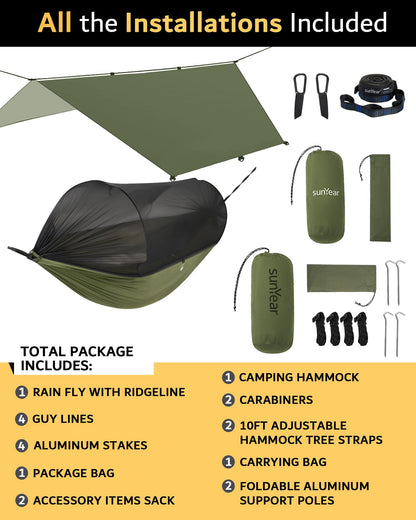 Sunyear Camping Hammock with Net & Rain Fly - Double & Single Hammock with House-Like Net- Easy Setup & Pack, Lightweight & Portable, Perfect for Hiking, Backpacking, Outdoor Sleeping