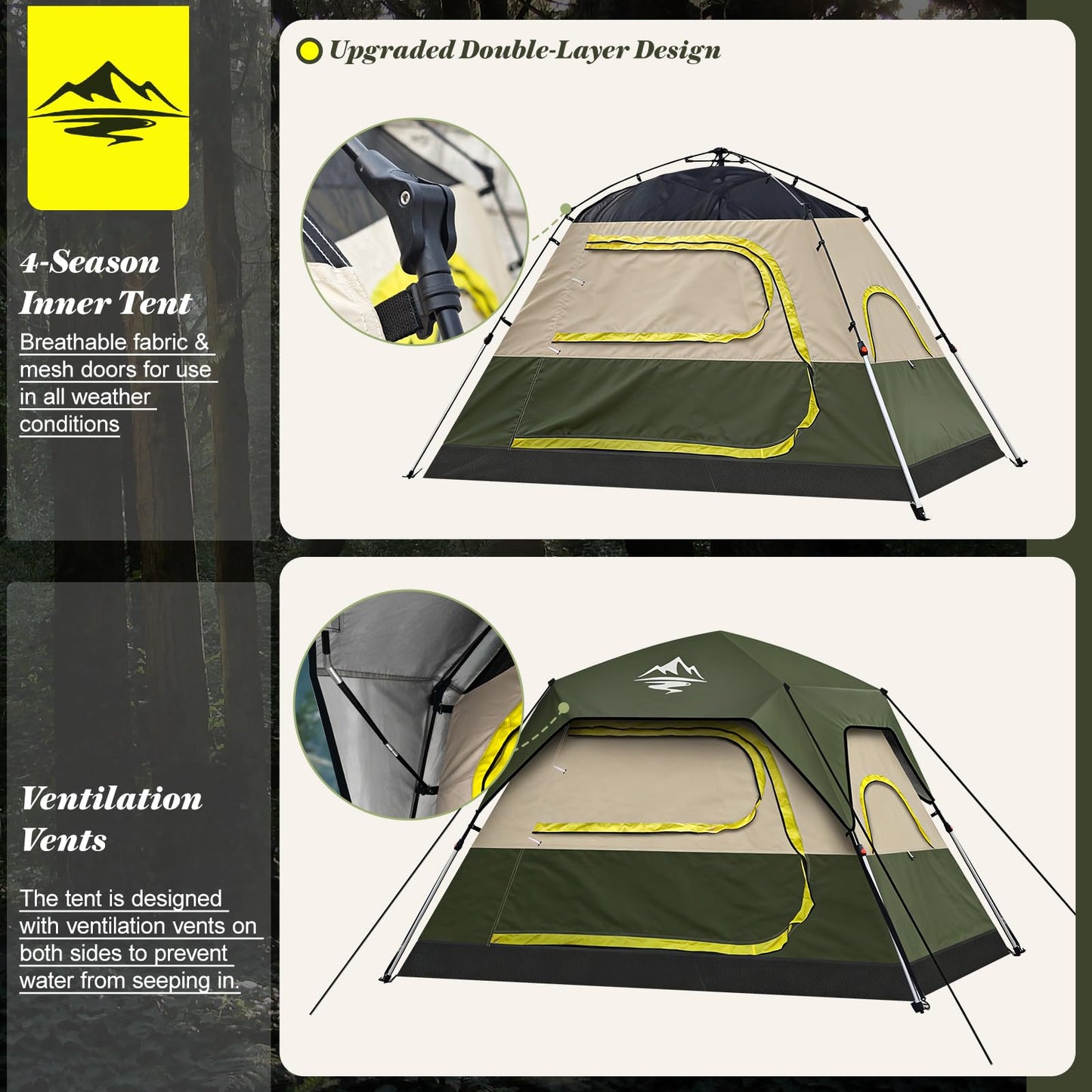 4 Person Instant Camping Tent - Waterproof Pop Up Tents for Camping with Rainfly, Large Family Tent with Pre-Attached Poles, 60S Easy Setup, Upgraded Ventilation with Welcome Mat