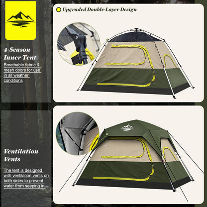 4 Person Instant Camping Tent - Waterproof Pop Up Tents for Camping with Rainfly, Large Family Tent with Pre-Attached Poles, 60S Easy Setup, Upgraded Ventilation with Welcome Mat