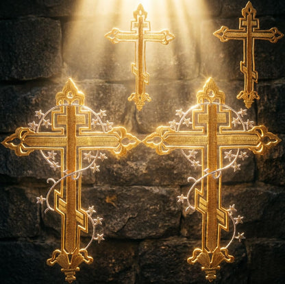 IDONGCAI Gold Cross Embroidered Applique, Religious Christian Liturgical Vestment Applique Patch for Church Garments & Altar Cloth, Iron On Sew On Embroidery Supply Set of 4