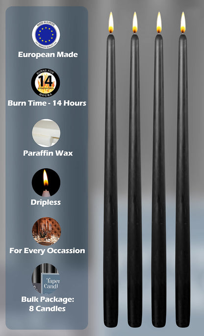 Hyoola Tall Taper Candles - 16 Inch Black Unscented Dripless Taper Candles - 14 Hour Burn Time - 8 Pack
