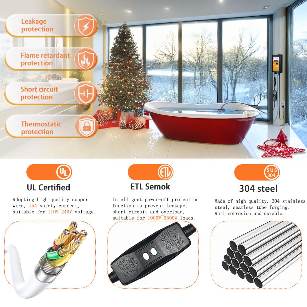 1300W Submersible Immersion Heater，120V Portable Water Heater for Bathtub & Hot Tub with Thermostat for Bath Water, Inflatable Spas, and Tubs, Baptistry, Baptismal Pool Water Heater