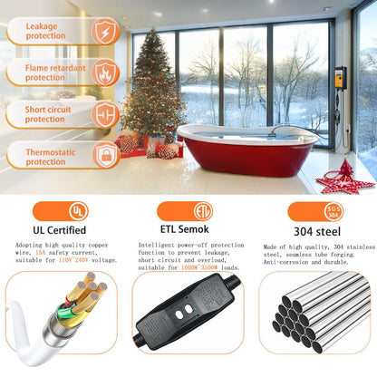 1300W Submersible Immersion Heater，120V Portable Water Heater for Bathtub & Hot Tub with Thermostat for Bath Water, Inflatable Spas, and Tubs, Baptistry, Baptismal Pool Water Heater