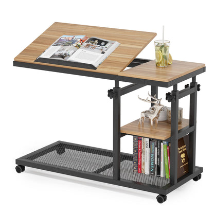 Tribesigns Height Adjustable C Table with Wheels, Mobile Couch Snack Side Table with Tiltable Drawing Board, Sofa Bedside Laptop Stand C Shaped TV Tray with Storage Shelves (Black+Oak)