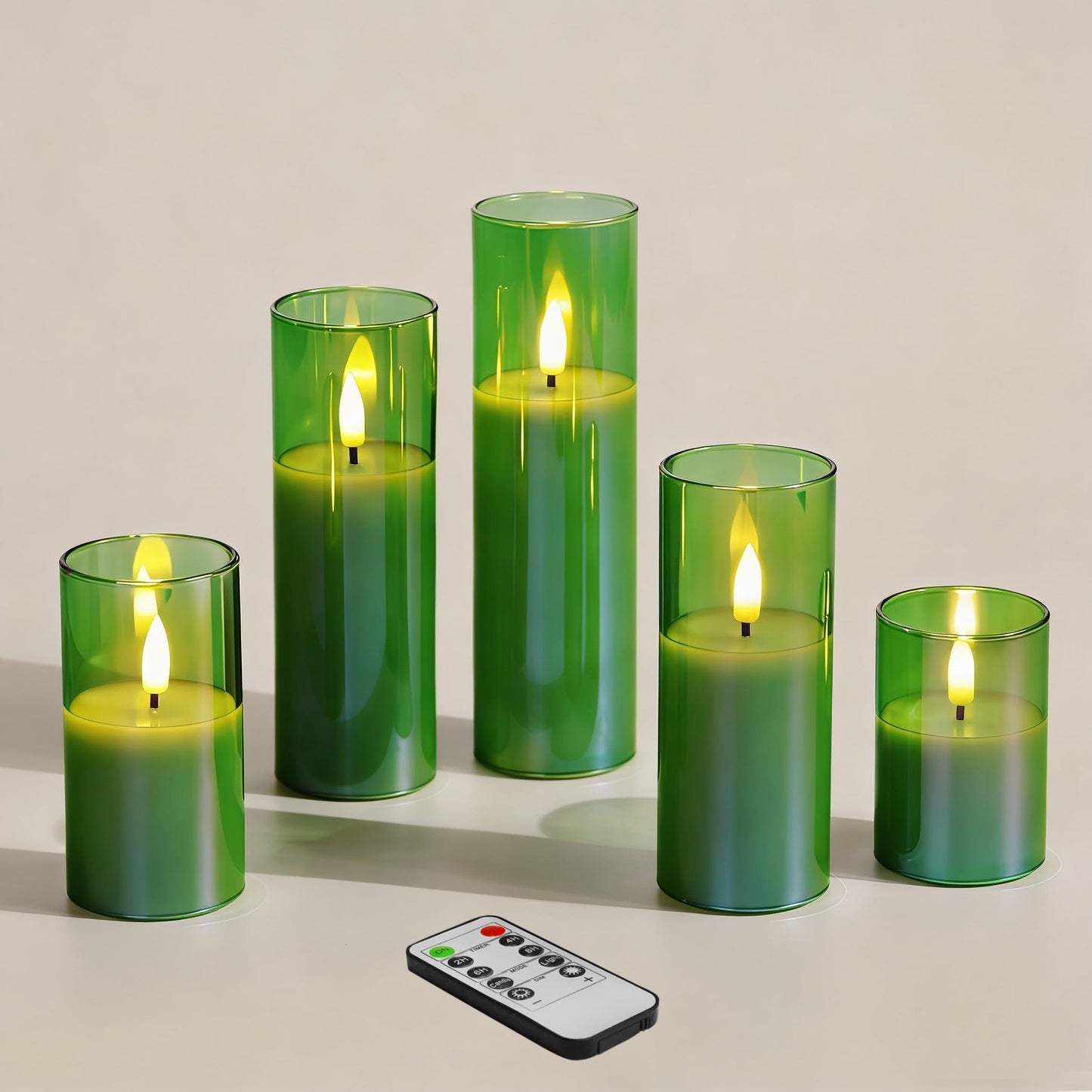 Girimax Green Glass Flameless Pillar Candles with Remote Batteries, Flickering Slim Tall LED Wax Candles Set of 5