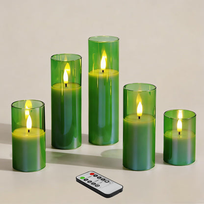 Girimax Green Glass Flameless Pillar Candles with Remote Batteries, Flickering Slim Tall LED Wax Candles Set of 5