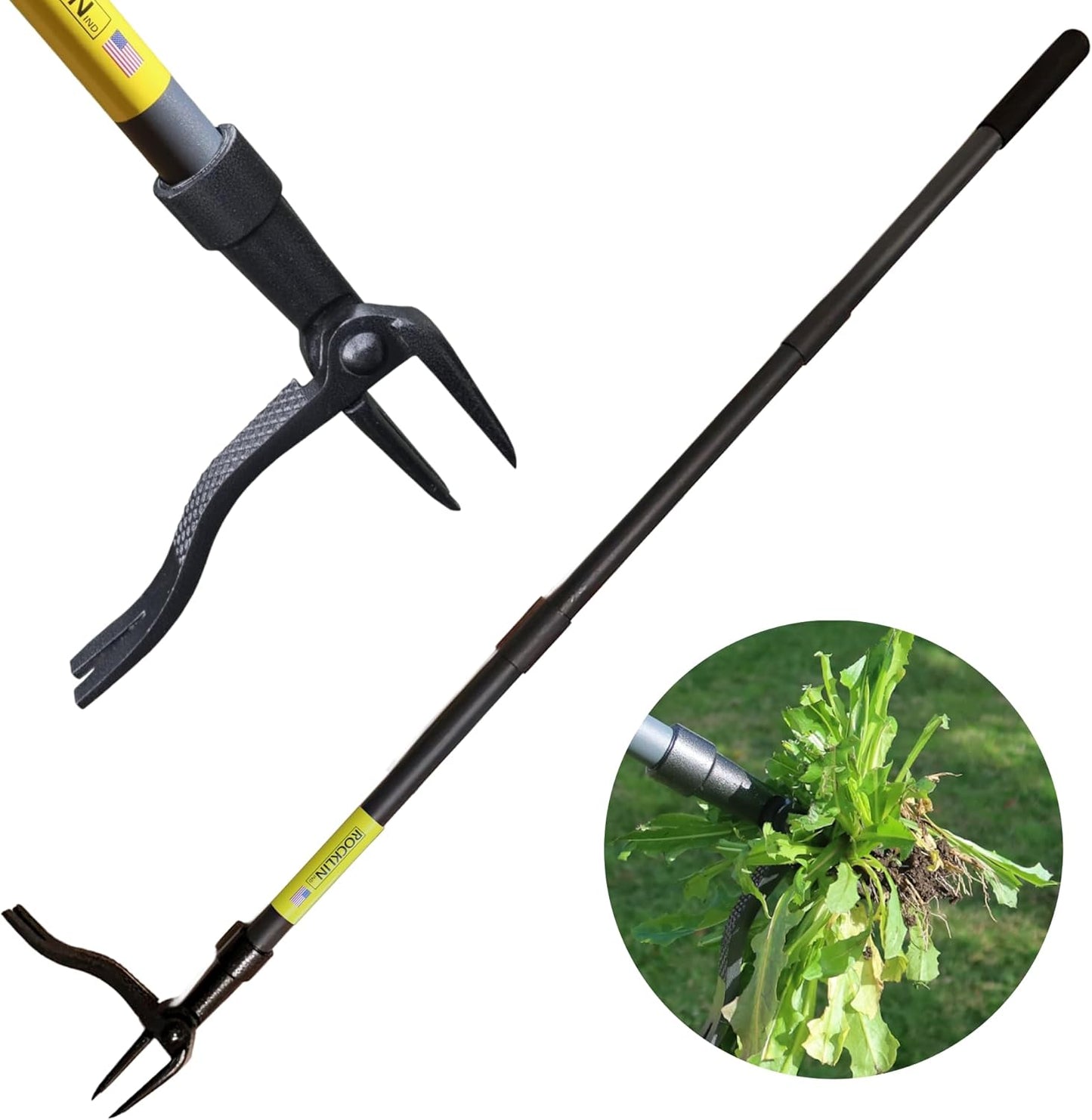 Rocklin™ Stand Up Weed Puller Tool - 4 Claw Steel Head - 48-Inch Handle for Easy Weeding