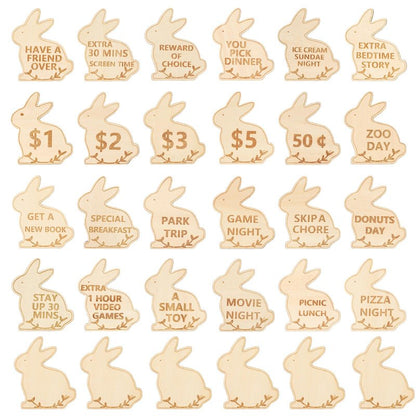 CypherX Easter Egg Fillers- Wood Easter Reward Tokens, Easter Prizes Stuffers Coins, Family Night Tokens, 24 Redeemable Tokens+6 Blank DIY Tokens, Unique Family Easter Egg Hunt Activities- Bunny
