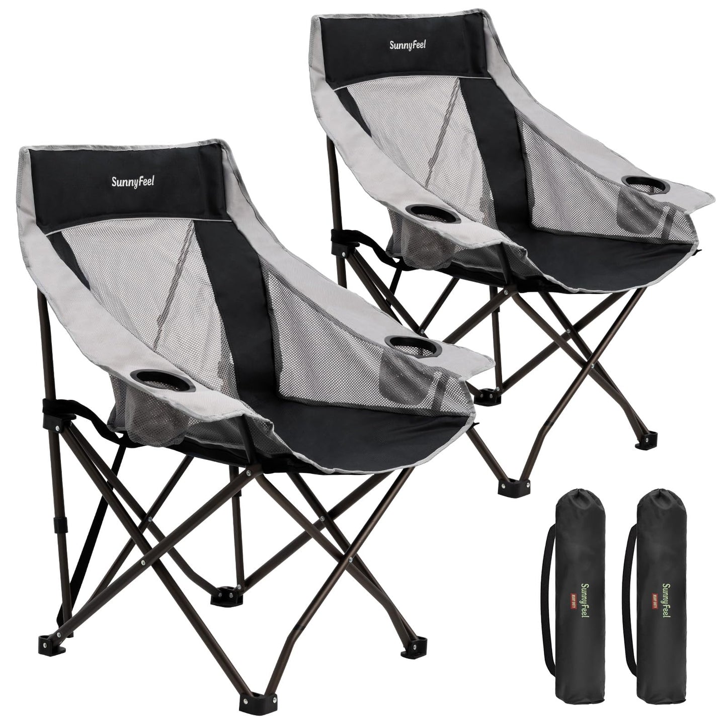 SUNNYFEEL 2 Pack Lightweight Oversized Camping Chairs for Adults Portable Folding Chair with Side Pockets & Cup Holde for Beach,Fishing,Trip,Picnic,Lawn,Concert Outdoor, Carry Bag Included