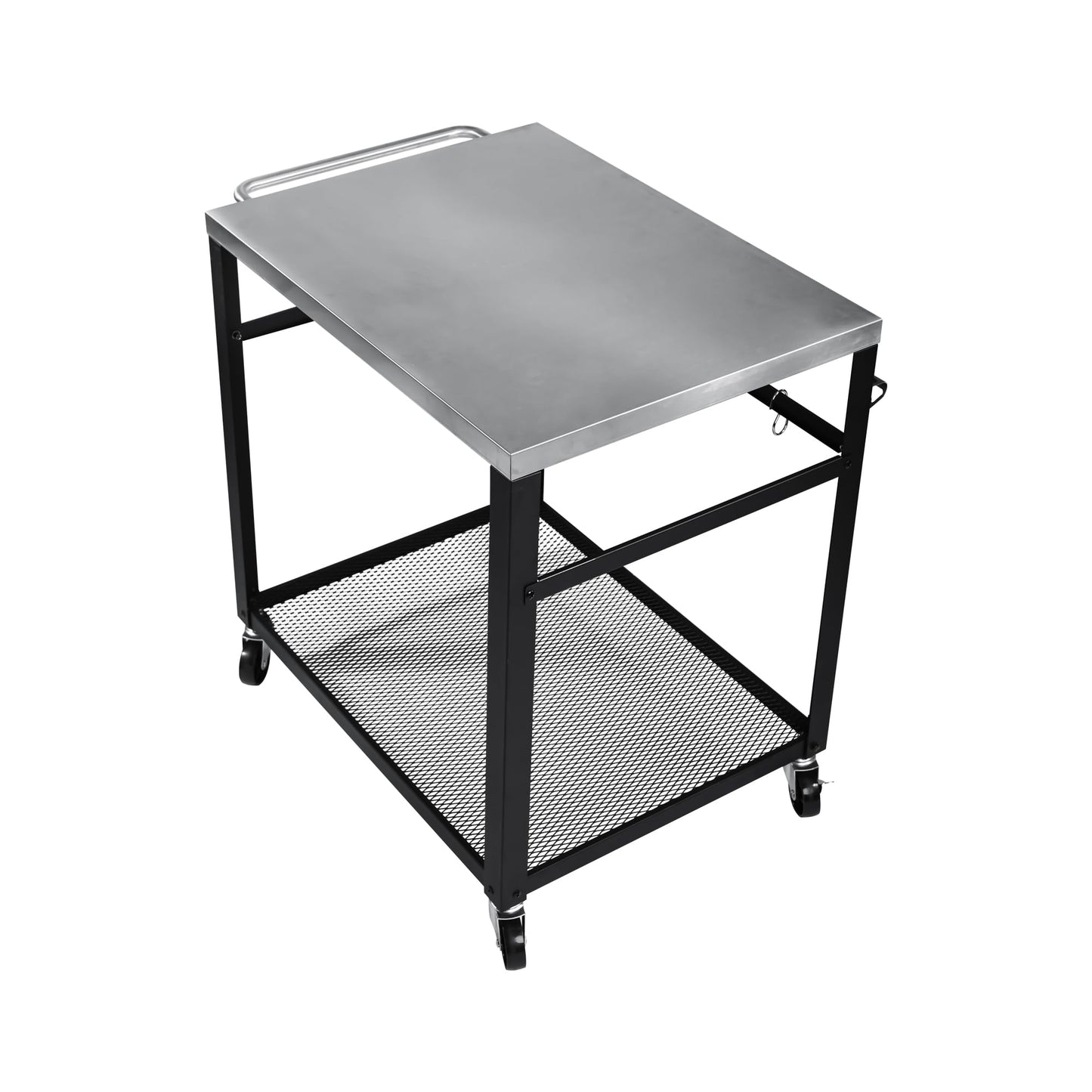 KEIKI 2-Tier Outdoor Grill Cart Table with 4 Wheels, Tool Hooks, Mesh Shelf, Movable BBQ Cooking Prep Table, Pizza Oven Table, Serving Bar Cart for Backyard, Indoor, Outside, Kitchen, Stainless Steel