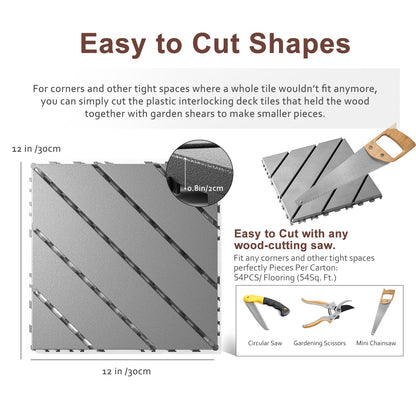 EchoDeck Interlocking Deck Tiles,54 Pack Patio Tiles Outdoor Interlocking All Weather,Patio Deck Tiles,12"x12",Diagonal,Sturdy Base,Highly Durable,Stylish,Non-Slip,Faster-Drying,Efficient,Dark Grey