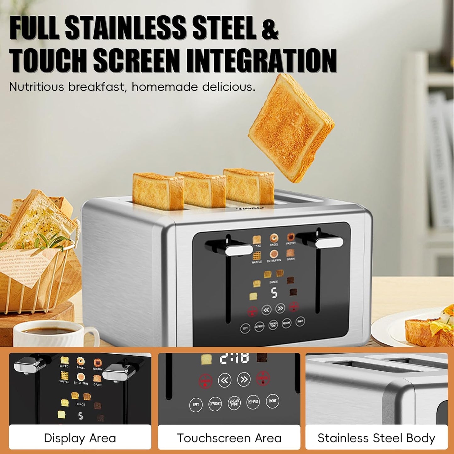 Whall 4-Slice Smart Toaster - Touchscreen Control, Extra-Wide Slots & 6 Browning Levels | Perfect Kitchen Gift