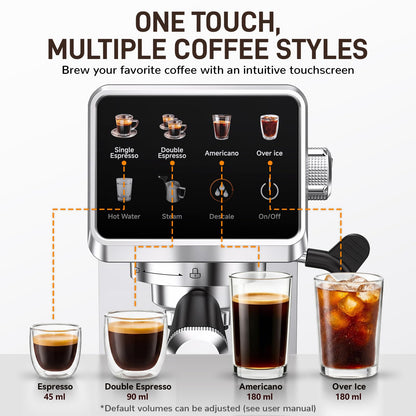 Mecity 20 Bar Espresso Machine with Milk Frother, Touchscreen Coffee Maker for Espresso, Americano & Over Ice Coffee, Compact Stainless Steel Latte & Cappuccino Maker