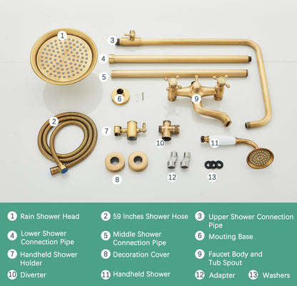 MOSSON Antique Brass Shower System Bathroom Shower Faucet Set with 8 Inch Shower Head Handheld Spray and 360 ° Rotation Tub Spout 2 Cross Handles Outdoor Shower Fixtures