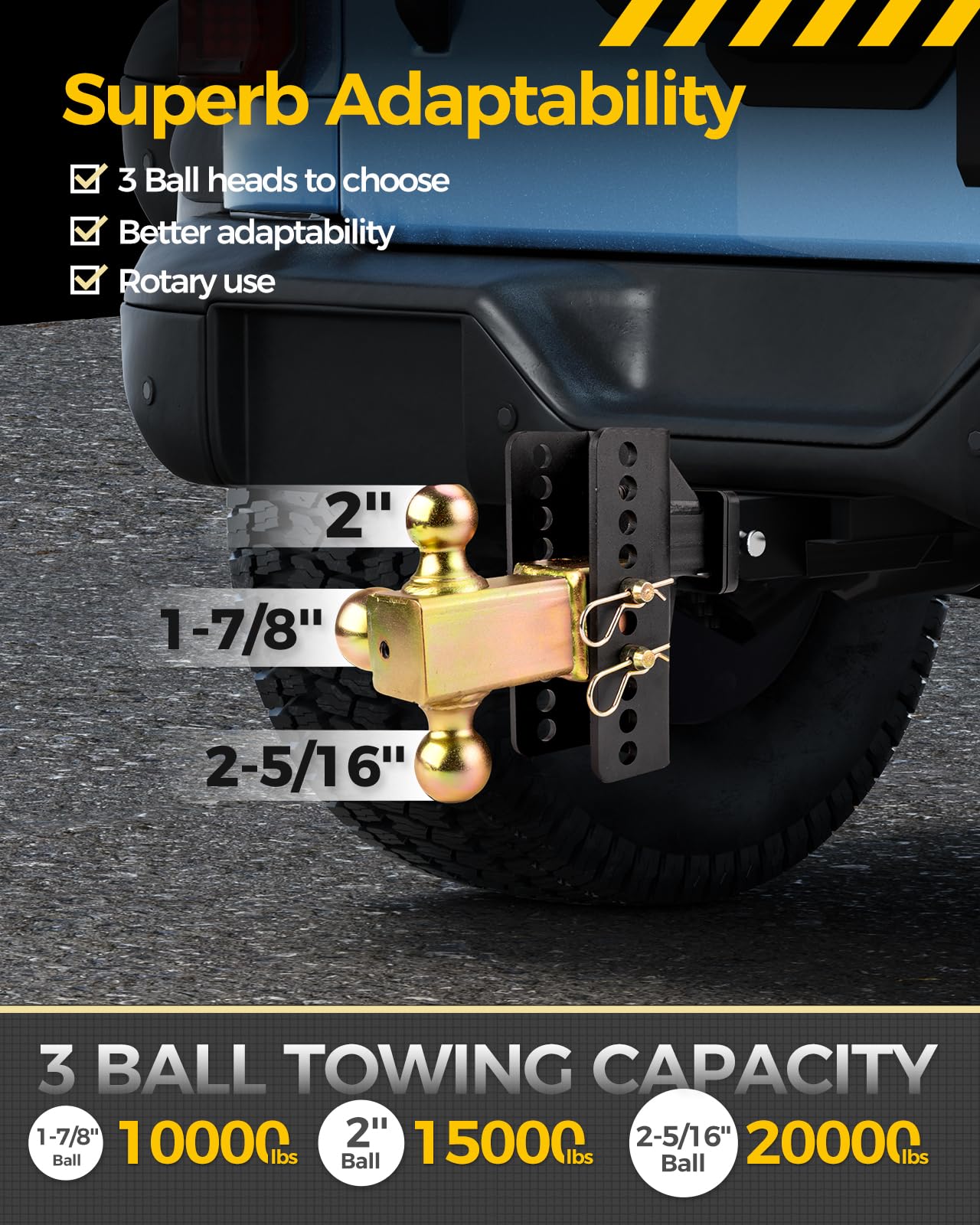 Adjustable Trailer Hitch -Drop Hitch-Tow Hitch with 2 inch Receiver-6inch Drop/Rise, （1-7/8" & 2" & 2-5/16" Ball Hitches for Trucks, 20,000 LBS GTW, Trailer Hitches with Anti-Theft Pin, Black