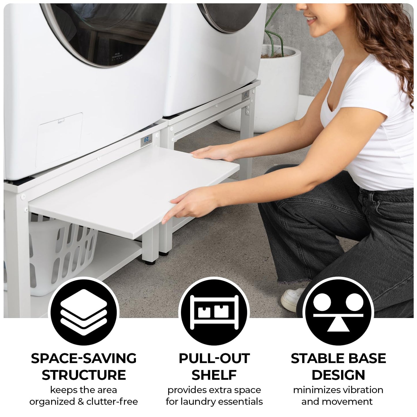 Washer and Dryer Pedestal with Pullout-Shelf - 24" W, 10" H, White Steel Universal Fit with Major Brands | Laundry Pedestal with Drain Pan & Hose | Washer Stand for Back Pain Relief, 800 lbs Capacity