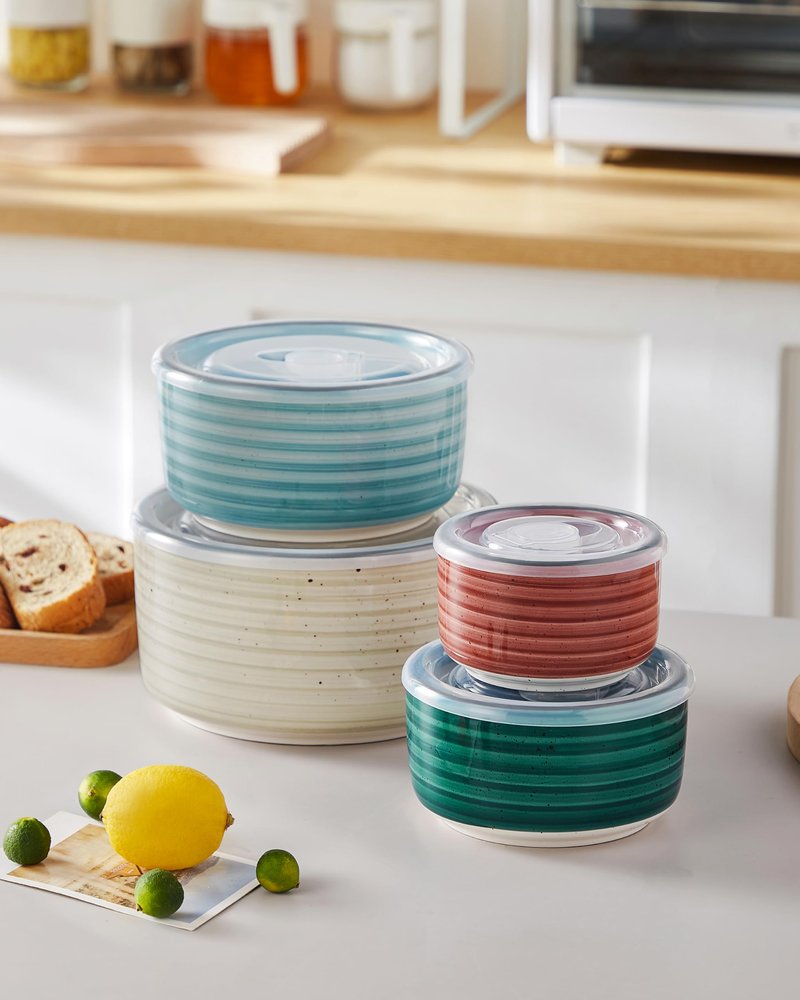 vancasso Ceramic Serving Bowls With Lids Set of 4, Airtight Nesting Bowls for Food Storage, Meal Prep, Leftovers, Microwave and Dishwasher Safe, 60/36/20/10 oz