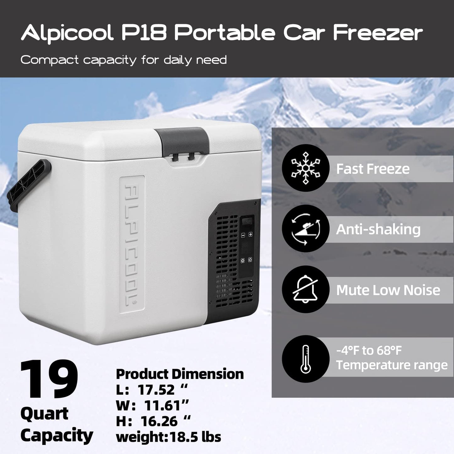 Alpicool P18 Portable Fridge 12 Volt Car Refrigerator 19 Quart Freezer for Fishing, Camping, RV, Truck, Boat-12/24V DC
