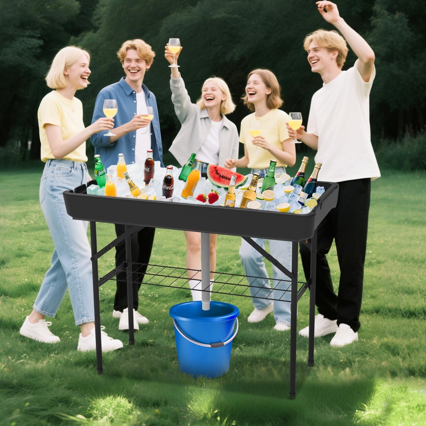 SHAREWIN Party Outdoor Cooler Table, Black Skirt &Drain Hose Plastic Chill Table to Keep Drinks Cool, Portable Foldable Self-Serving Beverage Ice Cooler Bar for Wedding, Picnics, Barbecues, Fishing
