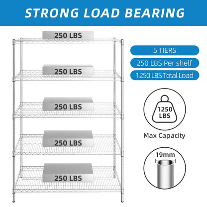 Guan River 5-Shelf Adjustable Metal Shelf Wire Shelving Unit Heavy Duty Storage Rack Display Shelf for Office,Kitchen,Bedroom,Bathroom,Laundry,Pantry Basement,Garage(Chrome,48" L x 18" W x 72" H)