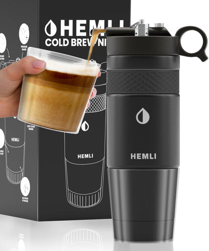 Hemli Nitro Cold Brew Coffee Maker 12 oz Ceramic-Lined, Tritan Cup, Pressure Gauge, Stores 3 Nitrogen Gas Bulbs Custom Designed for Cold Brew and Nitro Drinks