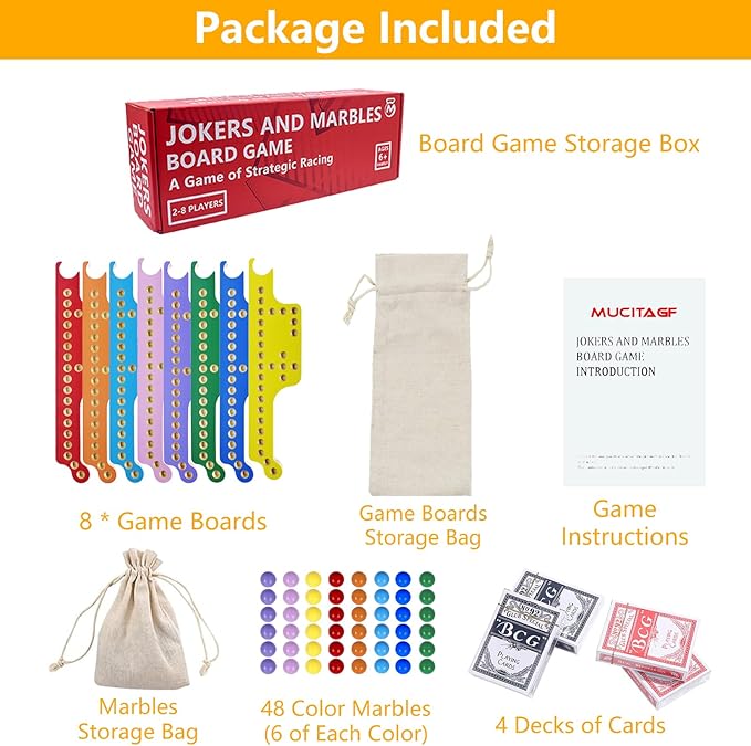 Jokers and Marbles Board Game - Solid Wood Pegs and Jokers Board Game Set for 2-8 Players Double-Sided Painted Family Party Game with 48 Marbles &amp 4 Card Decks