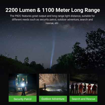 NEXTORCH P82C Long Range LED Flashlight, 2200 Lumens Handheld Torch Ultra Bright, 1100 Meters Beam Distance Searchlight with Nano-Ceramic Bezel, USB-C Rechargeable for Security Patrol, Outdoor, Rescue