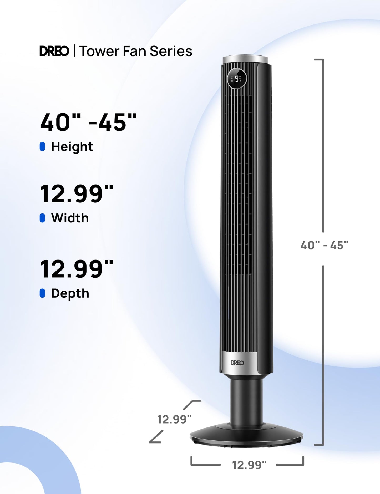 DREO Smart Tower Fan for Bedroom, 40”-45” Adjustable Height, 28 ft/s Velocity, DC Motor, 9 Speeds, 4 Modes, 90°Oscillating, Standing Fan, 20dB Quiet, 12H Timer for Home, Office, Google/Alexa, Black