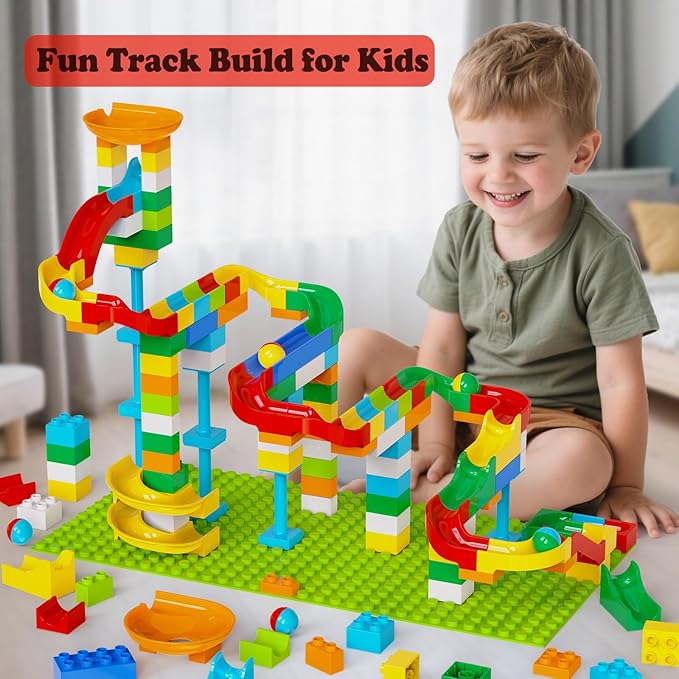 Marble Run Building Blocks for Kids Age 3-8 128 Pcs STEM Building Bricks Set with Toss Ring Game Educational Learning Toys for Toddlers Boys Girls Gifts- Compatible with All Major Brands