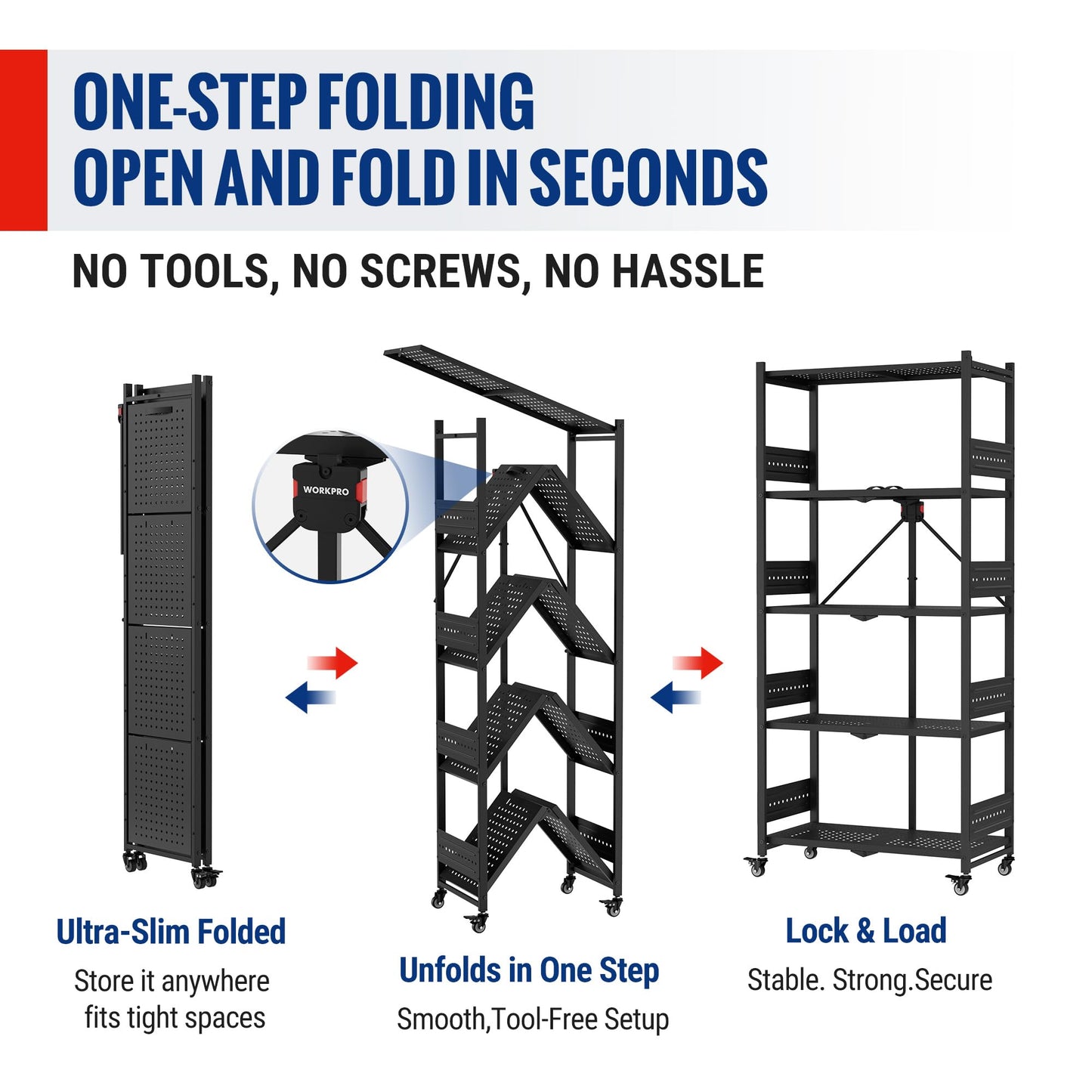 WORKPRO 5-Tier Folding Shelf, No-Assembly Metal Storage Rack with Wheels, 750 lbs Capacity (with Leveling Feet), Collapsible Shelving Unit for Kitchen, Pantry, Bathroom & Closet Organization