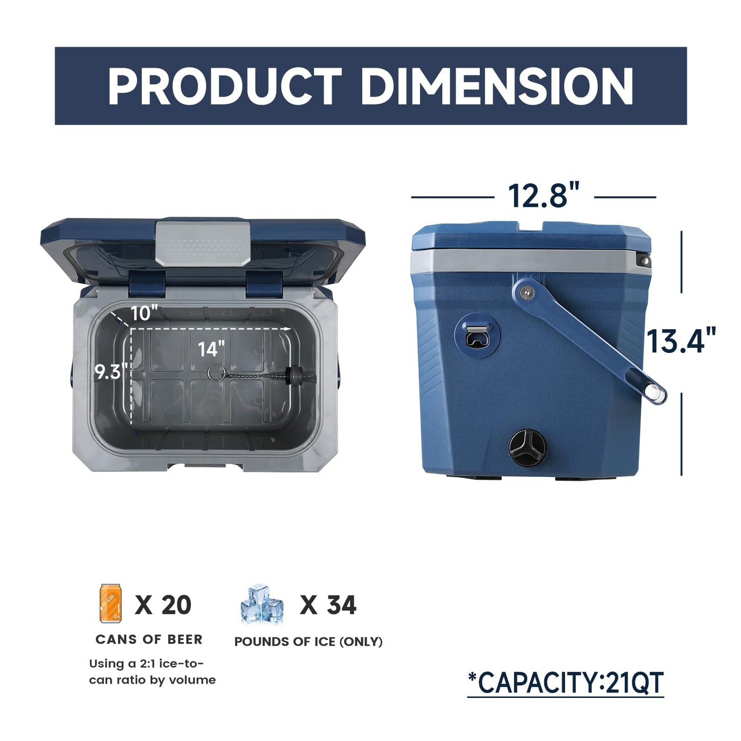 EchoSmile 20 Quart Insulated Cooler, Outdoor Portable Hard Cooler Ice Chest Box w/ 2 Cup Holders, Drain Plug, Bottle Opener, 3-Day Ice Retention for Camping, Beach, and Picnic,Navy