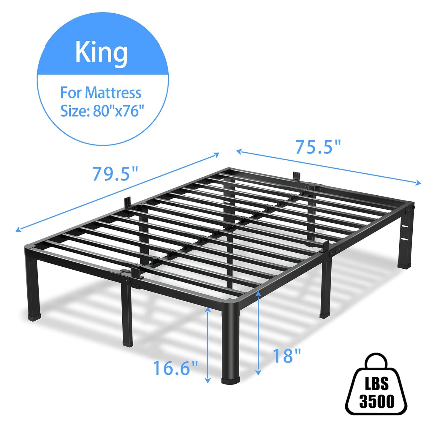 VIPSHOW 18 Inch King Size Bed Frame, 3500Lbs Heavy Duty Metal Platform with Round Corner Legs Mattress Slide Stopper, Steel Slat Support No Box Spring Needed, Noise Free, Non-Slip, Easy Assembly