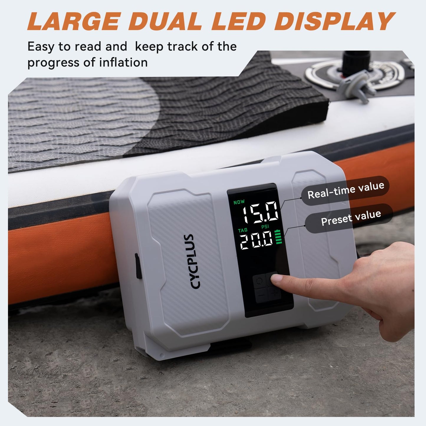 CYCPLUS 20PSI Rechargeable Paddleboard Pump - Intelligent Fast Dual-Stage Inflation, Deflation Function, Auto-Off &Dual LED Display, Suitable for Stand-Up Paddleboard, Inflatable Boat Tent Mattress
